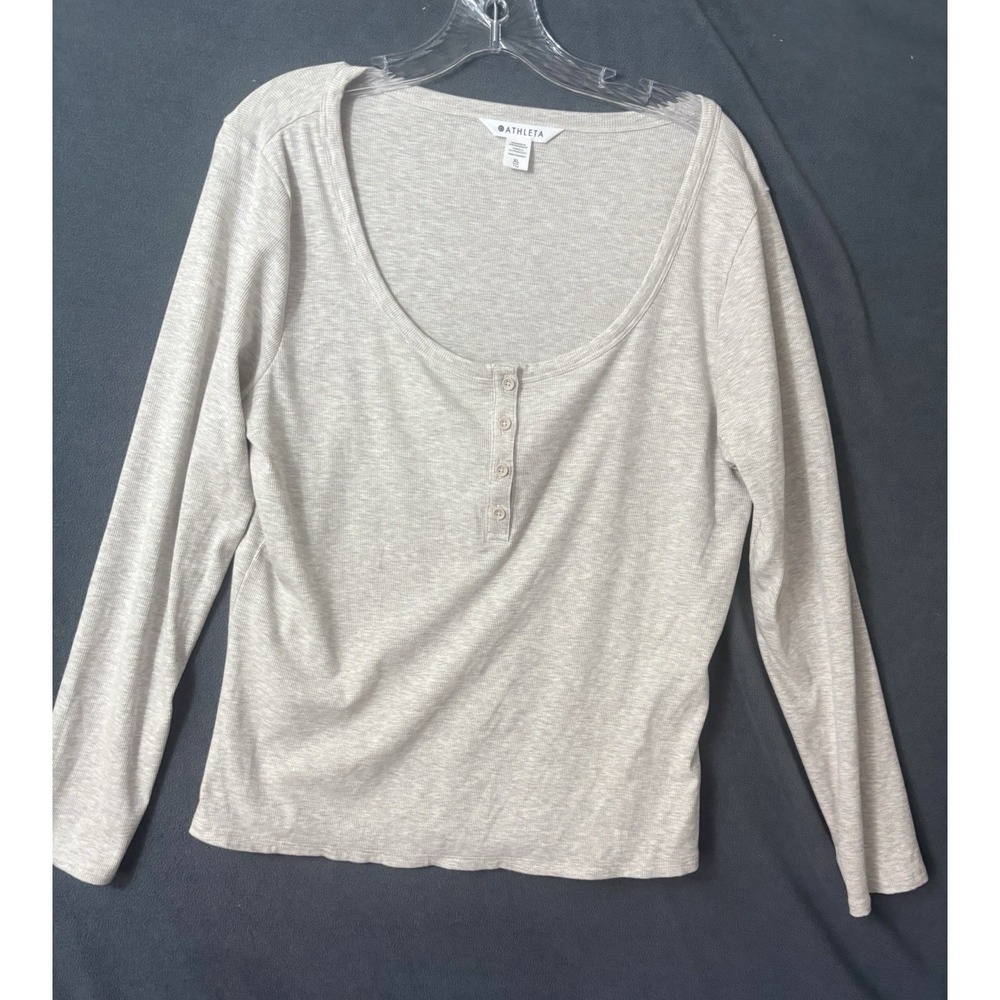 Athleta Gray Henley Shirt XL Waffle Knit Thermal Long Sleeve Button Front Top‎
